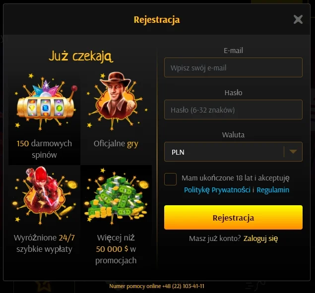 Formularz rejestracyjny casino SuperCat