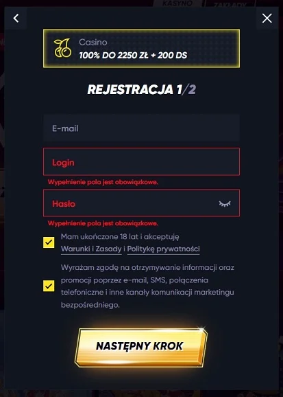 Formularz rejestracyjny kasyno Quickwin