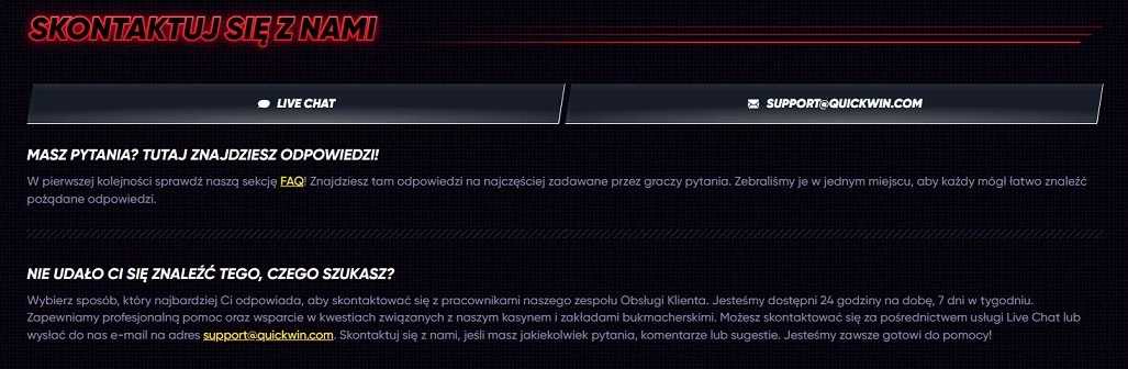 Kontakt z pomocą techniczną kasyno Quickwin